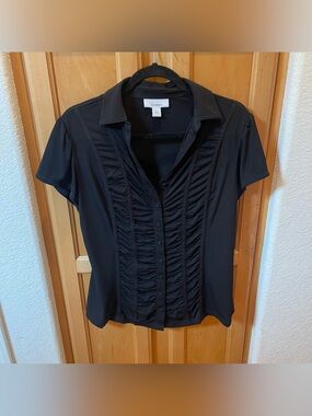 Black Dress Dressbarn Ruched Front Button-Up Blouse Collared Top Size Large